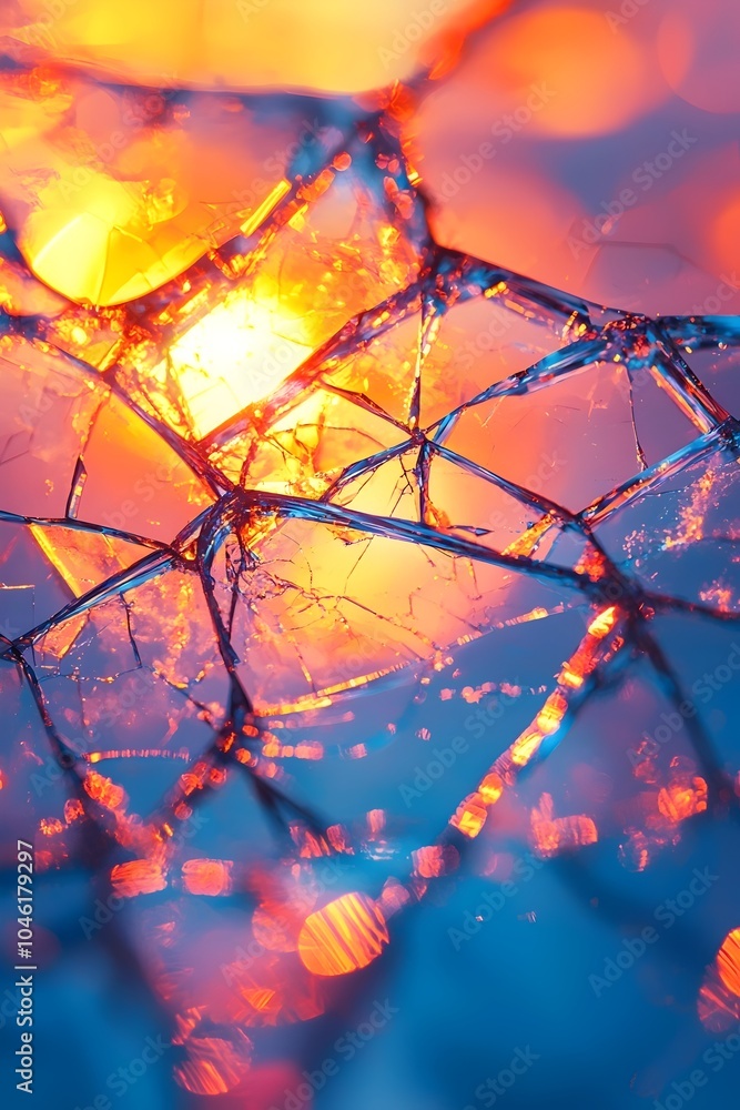 Poster a close-up view of intricate ice formations illuminated by warm orange and blue light, creating a ca