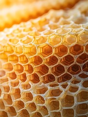 Close-up of golden honeycomb showcasing intricate hexagonal patterns, illuminated by warm sunlight, highlighting its natural beauty and texture.