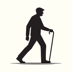 black man vector, man with a cane walks in front silhouette vector icon black and white