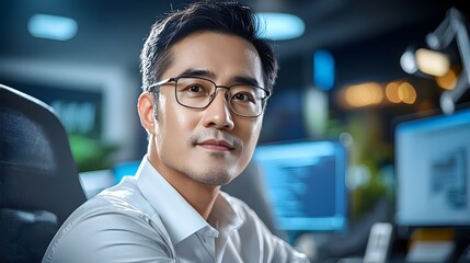 Fototapeta premium Asian telecommunications engineer in professional outfit examining and maintaining network cables and equipment in a data center with advanced technological environment copy space for text