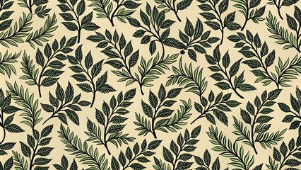 Fototapeta premium A Seamless Pattern of Delicate Green Branches with Intricate Leaf Details on a Light Yellow Background