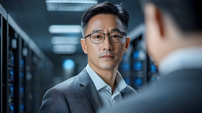 Asian Telecommunications Engineer Inspecting Network Cables and Equipment in a Data Center Facility  Professional technician working in advanced technological environment