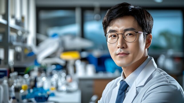 Portrait of an Asian man working as an aerospace engineer wearing a lab coat and standing in front of various aircraft models or parts in an advanced technological environment with a clean