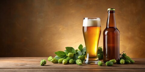 Stock photo of glass of beer with bottle and hop cones on beige background