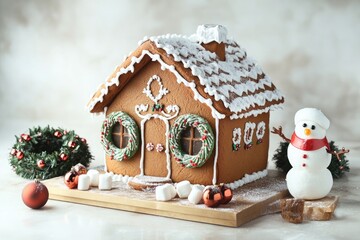 A gingerbread house decorated for the holidays with wreaths, ornaments, and a snowman made of marshmallows nearby, creating a festive and cheerful winter scene.