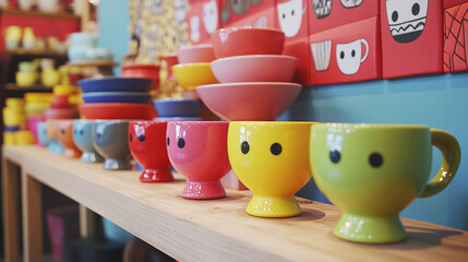 Fun colorful pottery ceramics handmade smiley mugs bowls art class diy decor market shop display creative community DIY craft stall shelf banner advert crafting skills lessons kids product kitchenware