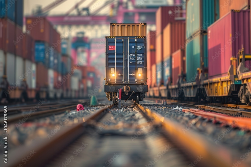 Aufkleber Containers are being loaded onto a train in a bustling freight yard, illustrating the efficiency of multimodal transportation. Generative AI