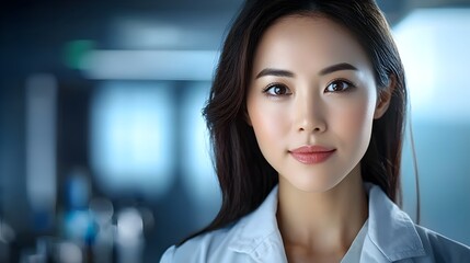 Naklejka premium Portrait of an Asian woman working as a chemical engineer in a clean and modern laboratory environment holding a test tube or beaker wearing a lab coat and safety goggles