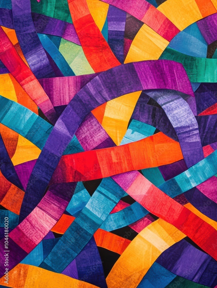Poster bright ribbons and bows in various colors intersect smoothly, forming an energetic and playful visua