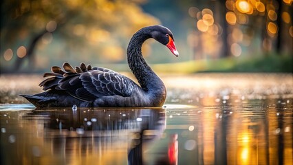 A solitary black swan gracefully navigates the tranquil waters, its sleek feathers reflecting the warm glow of the setting sun, creating a mesmerizing interplay of light and shadow.