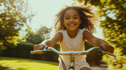 Obraz premium A smiling young girl riding a bicycle in a park, perfect for promoting outdoor activities, health, or family-related products.