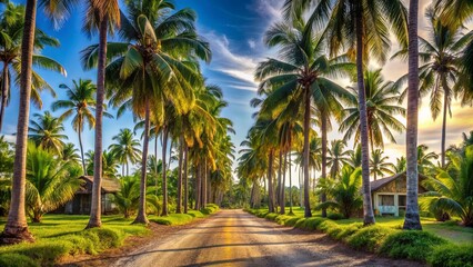 Obraz premium A sun-drenched path through a canopy of towering palm trees, the golden rays illuminating a tranquil landscape with lush greenery and quaint structures hidden amongst the foliage.
