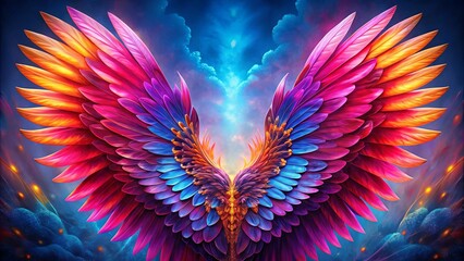 Obraz premium A symphony of iridescent feathers, woven with hues of crimson, sapphire, and gold, stretches towards a celestial expanse, promising an ethereal journey.