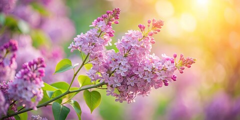Obraz premium A delicate branch of lilac blossoms bathed in soft sunlight, showcasing the intricate beauty of nature's artistry.