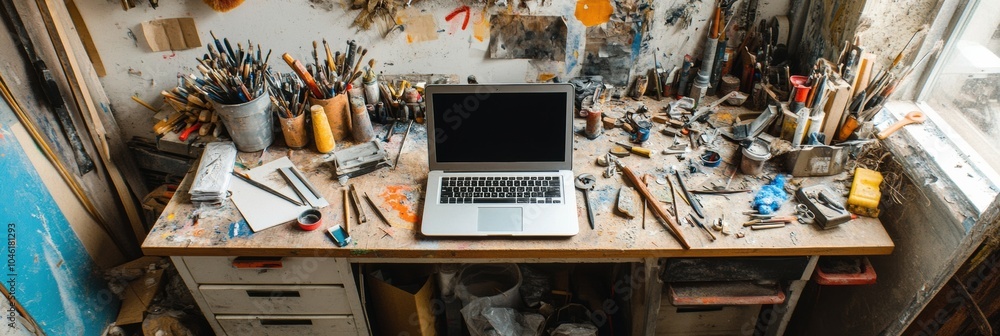 Poster a laptop sits on a workbench surrounded by tools and materials, reflecting the busy environment of a