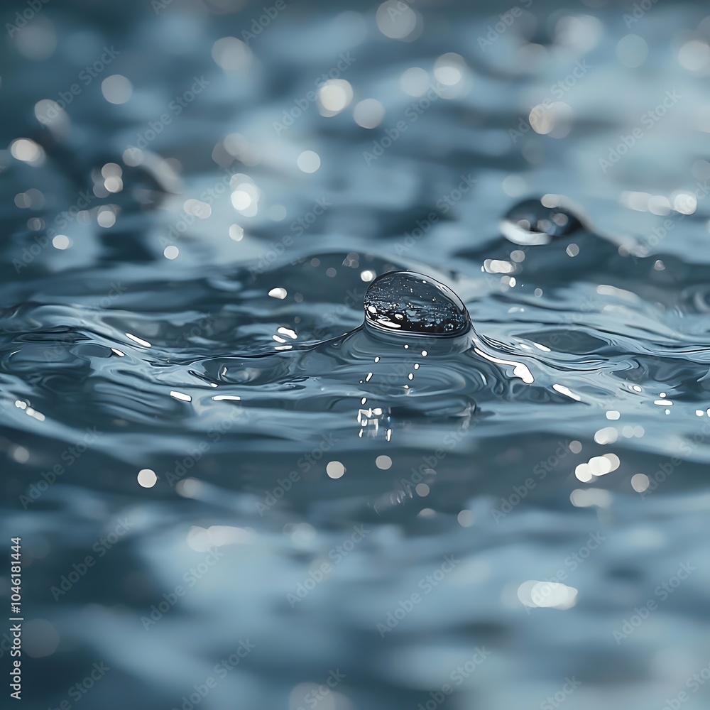 Poster close-up of a water droplet creating ripples on a serene blue surface, reflecting light and adding a