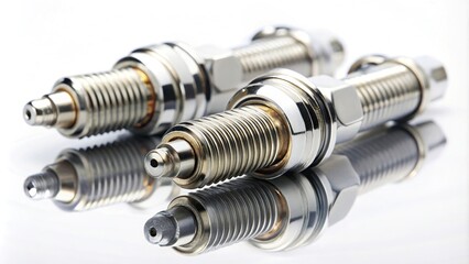 Stock photo of spark plugs on white background with copy space and reflection auto spare parts
