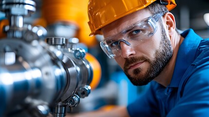 Close up view of a hydraulic tube bending machine in action with an engineer carefully observing the process of bending a thick metal tube