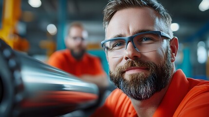 Close up view of a hydraulic tube bending machine in action with an engineer closely monitoring the process as the machine shapes and bends a thick metal tube
