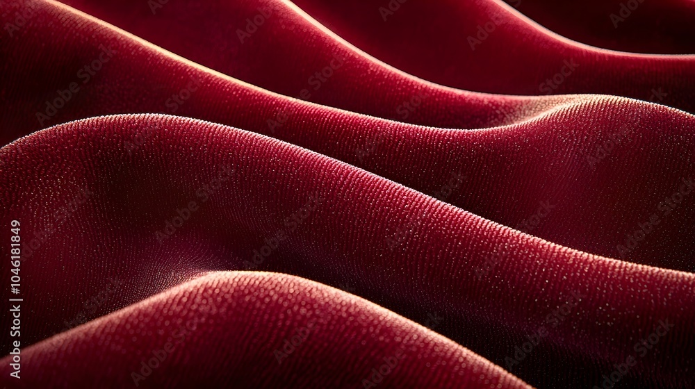 Poster a close-up view of luxurious deep red velvet fabric, showcasing its smooth texture and beautiful dra