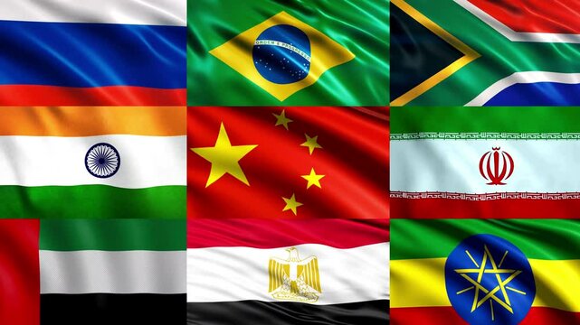 BRICS Countries Expanded With New Member States - China, Russia, India, Brazil, South Africa, Iran, Egypt, Ethiopia and UAE Country Flags