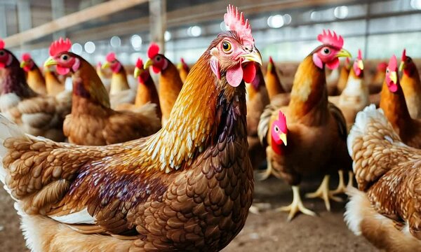 A close-up of a hen among many in a poultry farm setting.