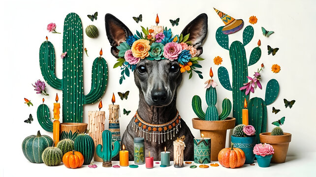 Xoloitzcuintli dog wearing flower garland, surrounded by cacti and candles, symbolizing the Mexican celebration of Dia de los Muertos and the cultural significance of this ancient breed. Banner