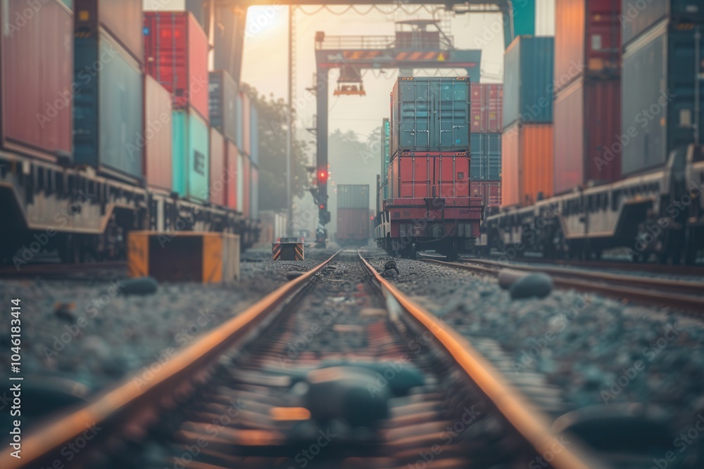 Aufkleber trucks unload cargo containers onto a train in a busy freight yard, highlighting the efficient movem
