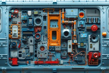 A detailed, colorful, and intricate abstract composition of a complex machine with various gears, buttons, levers, and pipes arranged in a futuristic and industrial design.