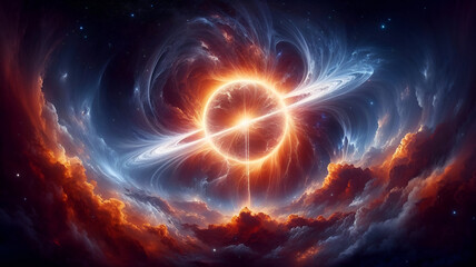 Obraz premium A colossal, incandescent ring of plasma, pulsating with energy, hovers amidst a tempestuous sky.