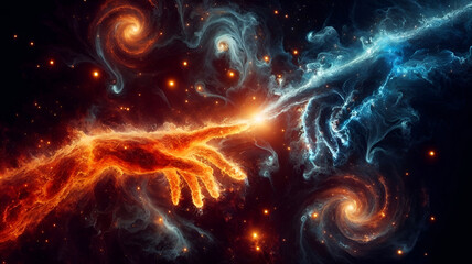 A mesmerizing cosmic scene showing two hands reaching toward each other, one made of glowing fiery orange particles and the other of cool blue particles.