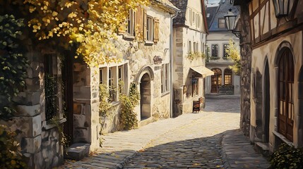 Fototapeta premium Oil painting style streets of a European town in the afternoon
