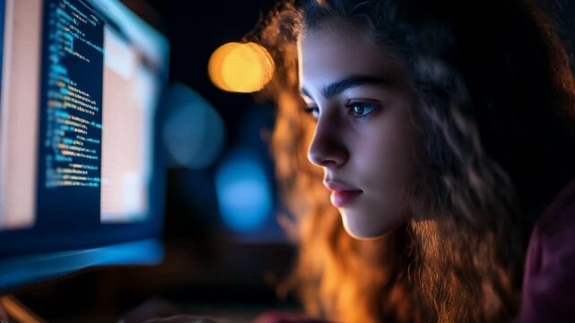 Young teenage girl intensely focused on coding at her computer late at night, illuminated by the screen glow. The scene reflects the importance of technology learning. Video made using Generative AI