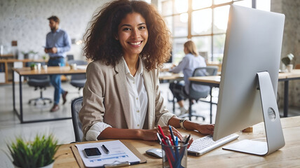 Happy female businesswoman working at desktop computer in creative bright white office workplace.