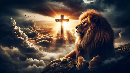 Majestic Lion with Cross: Symbol of Strength and Faith Under a Stormy Sky 