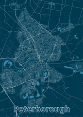Map of Peterborough, a city in England. The map is rendered in a minimalist style, featuring a dark blue background with white lines representing streets and roads.