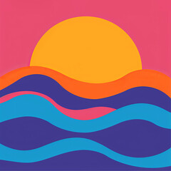 Sunrise at sea with waves in the style of flat illustration
