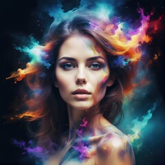 Fototapeta premium A captivating portrait of a woman amidst swirling cosmic colors and abstract patterns in a dreamlike atmosphere