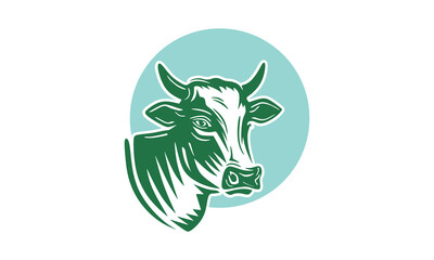 horned cattle head logo, silhouette of green cow face vector illustrations