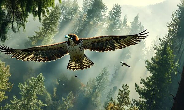 A majestic hawk soars through a sunlit forest, showcasing nature's beauty and freedom.