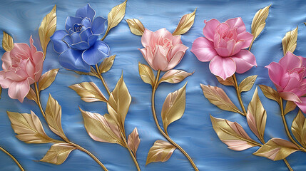 Delicate blue, pink, and gold leaf with fine lines and intricate curves