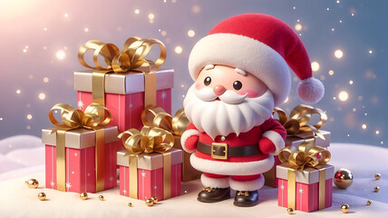 3d cute santa claus stands happily next to a pile of gift boxes tied with shiny golden ribbons