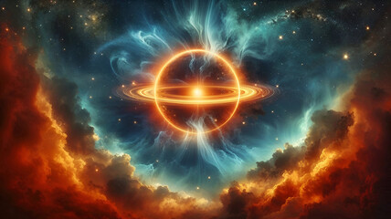 Fototapeta premium A colossal, incandescent ring of plasma, pulsating with energy, hovers amidst a tempestuous sky.