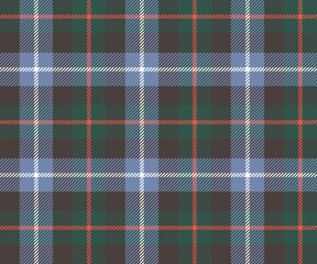 Plaid fabric pattern, black, blue, green, white, orange, seamless for textiles, and for designing clothes, skirts, pants or decorative fabrics. Vector illustration.
