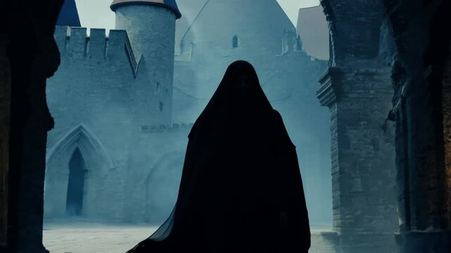 gothic Beautiful walk silhouette Creepy Black scary Mystery female horror scene shadow woman ancient cloak castle spirit man old Girl ghost scarey haunted skittish halloween evil daemon undead nightm
