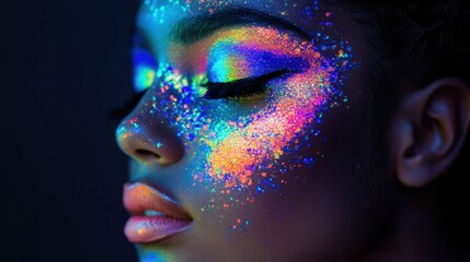 Close-up of Woman's Face with Neon Makeup