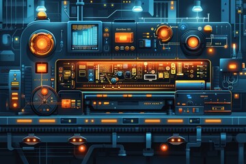 Obraz premium A futuristic control panel with glowing orange lights and buttons, a digital screen displaying data, and various technological elements.