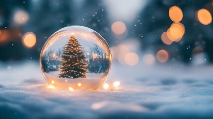 Christmas Tree with Candles and Ornaments, Surrounded by Sky and Reflective Bubbles