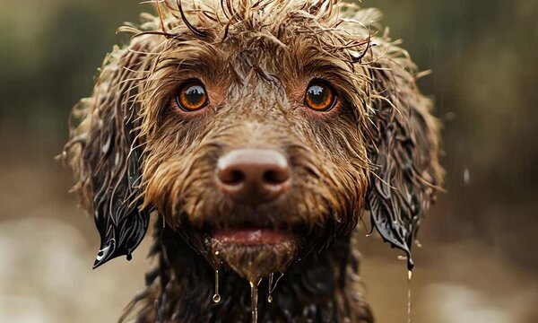 A muddy dog with expressive eyes, dripping water, captures a playful moment in nature.