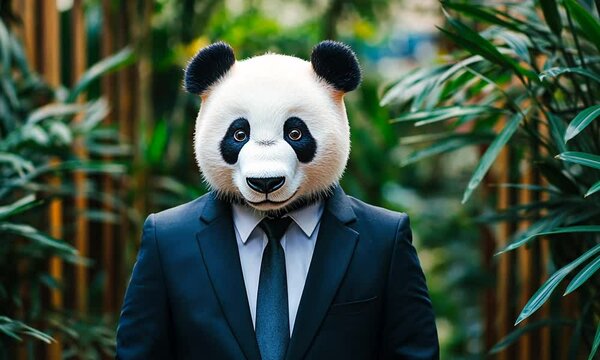 A person in a panda mask and suit stands amidst lush greenery.